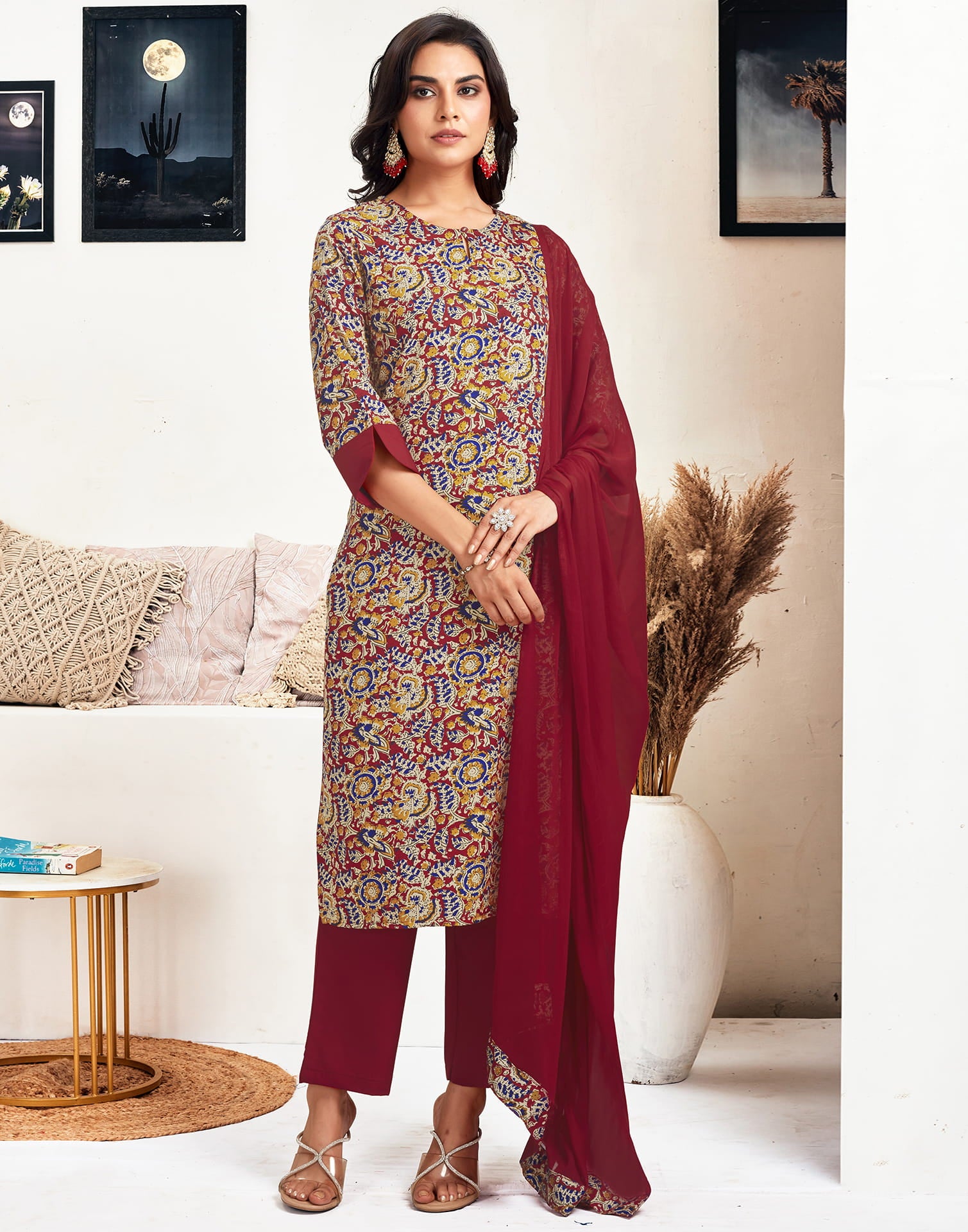 Red Crepe Printed Straight Kurta Set With Dupatta