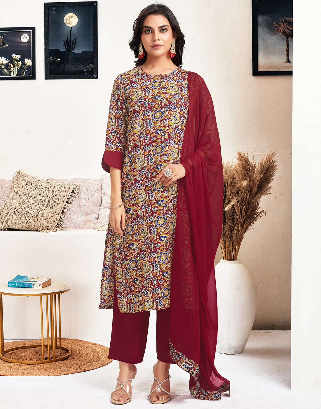 Red Crepe Printed Straight Kurta Set With Dupatta