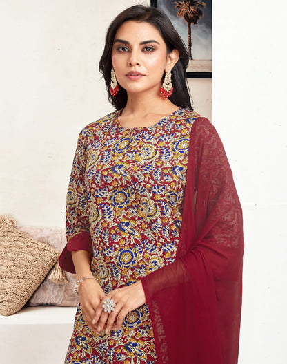 Red Crepe Printed Straight Kurta Set With Dupatta