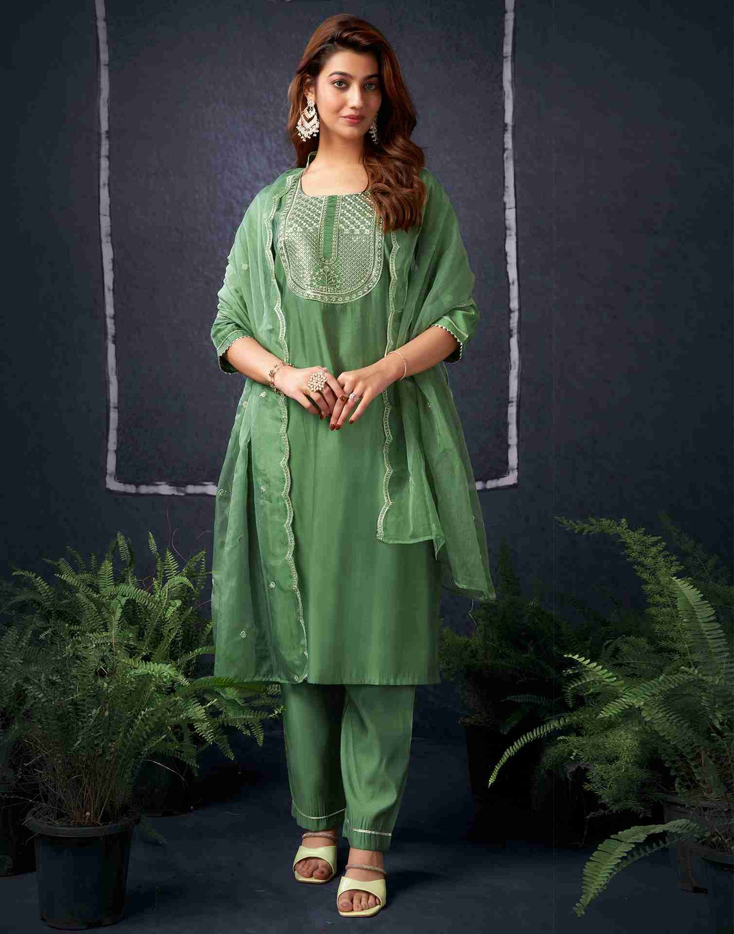 Pista Green Silk Sequence Straight Kurta With Pant And Dupatta