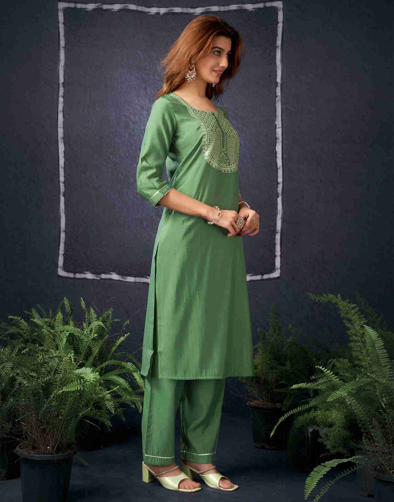 Pista Green Silk Sequence Straight Kurta With Pant And Dupatta