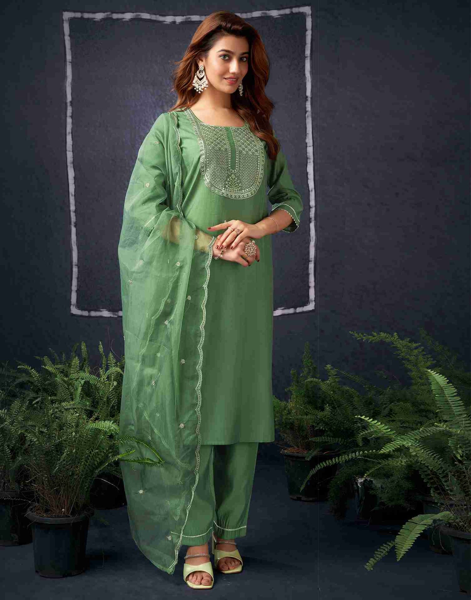 Pista Green Silk Sequence Straight Kurta With Pant And Dupatta