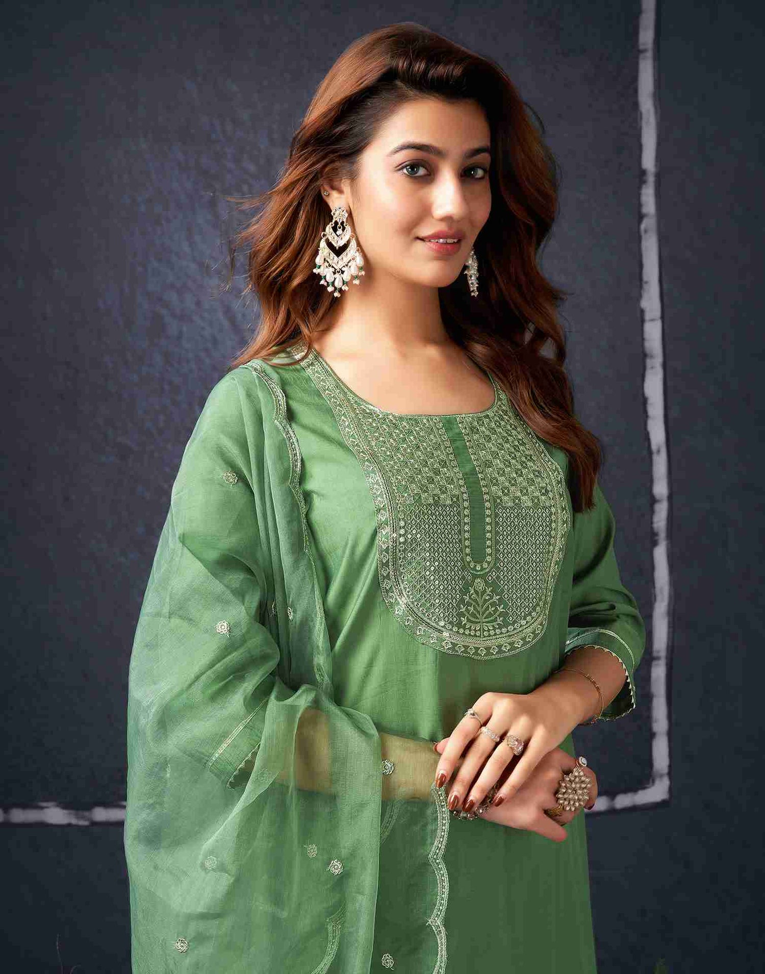 Pista Green Silk Sequence Straight Kurta With Pant And Dupatta