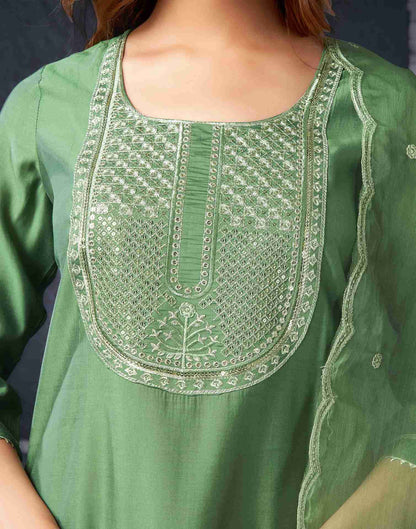 Pista Green Silk Sequence Straight Kurta With Pant And Dupatta