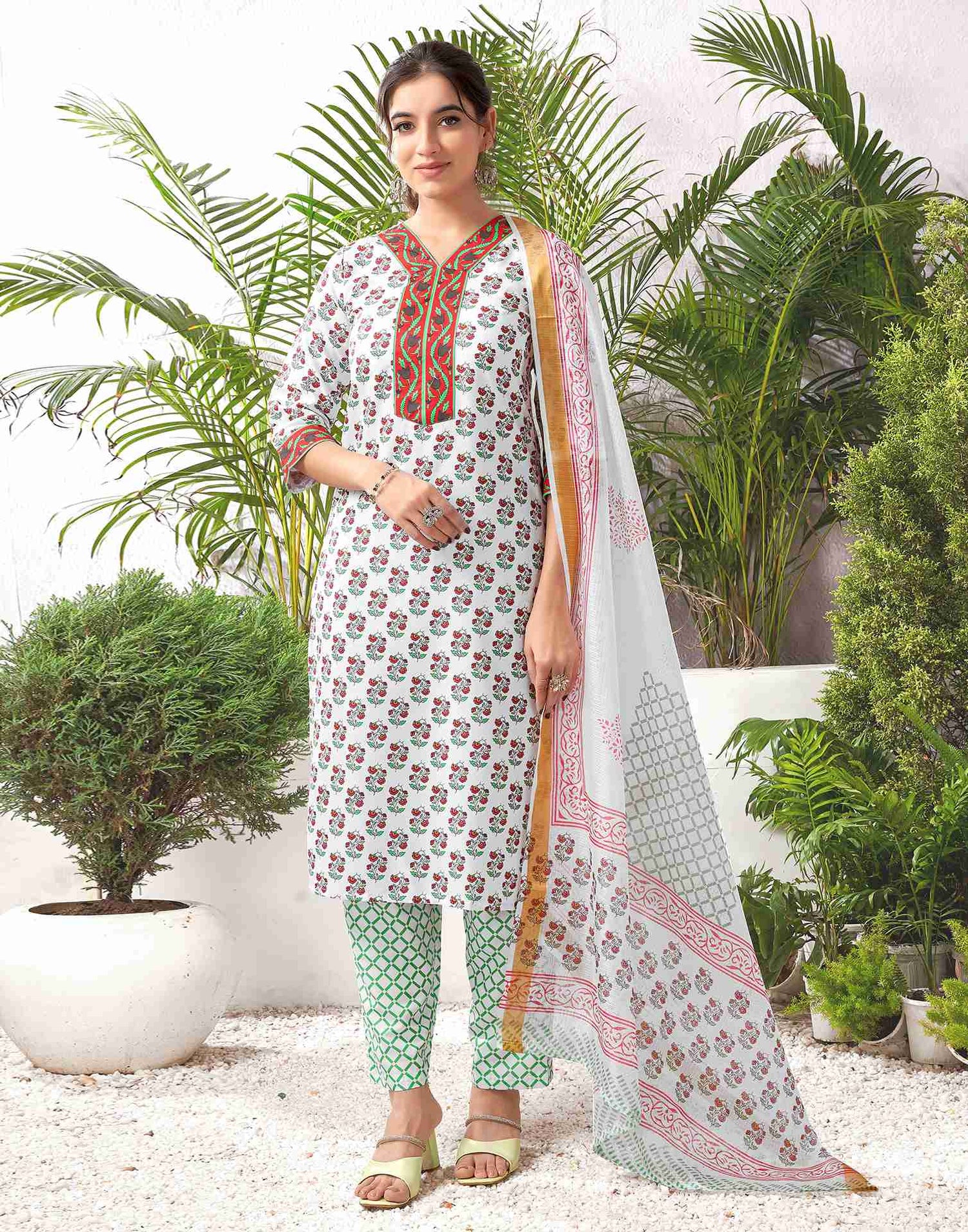 White Rayon Printed Straight Kurta Set With Dupatta