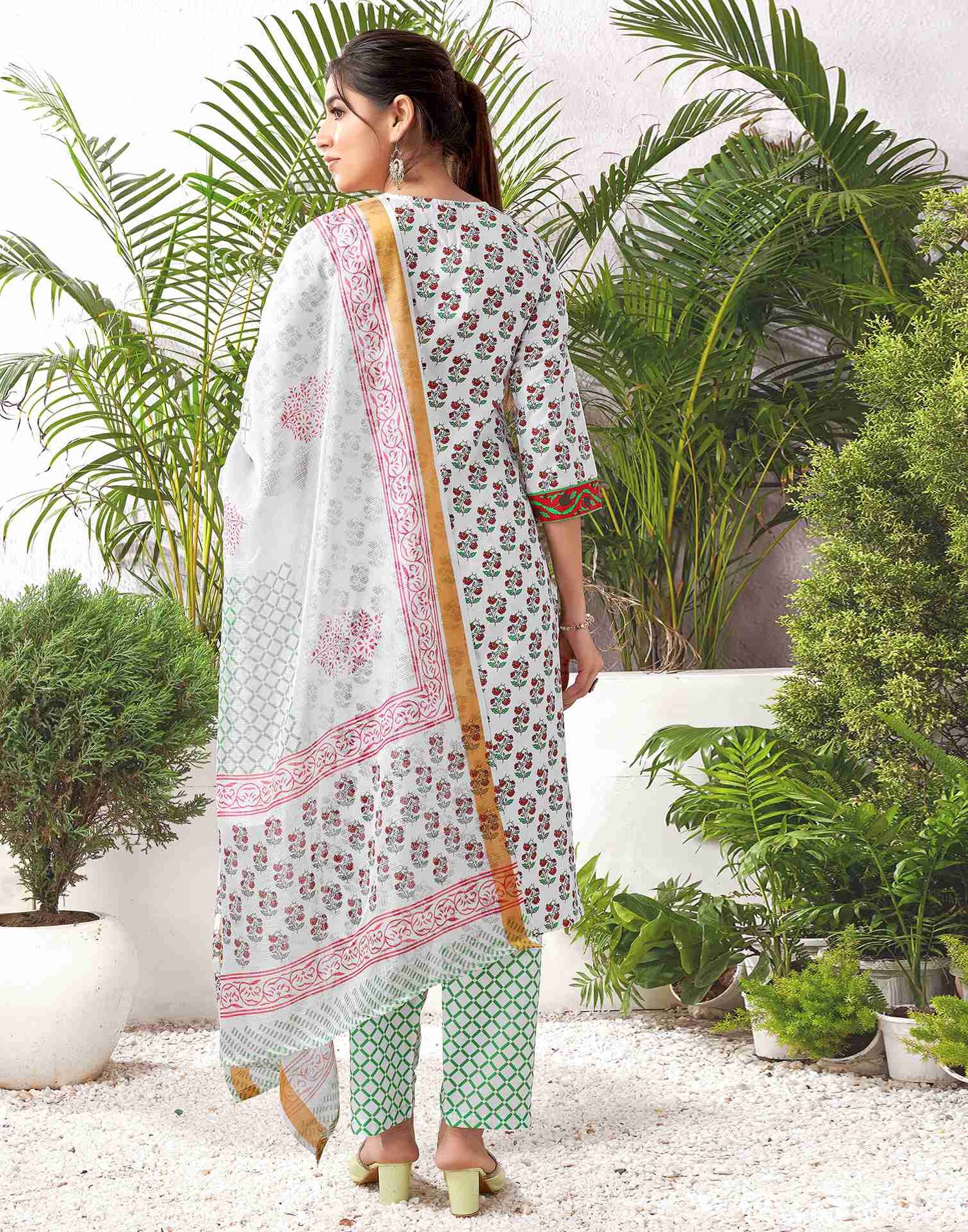 White Rayon Printed Straight Kurta Set With Dupatta