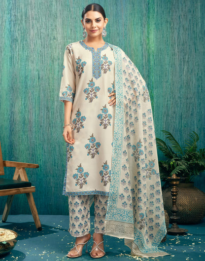 Beige Rayon Printed Straight Kurta Set With Dupatta