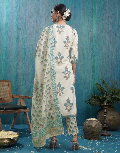 Beige Rayon Printed Straight Kurta Set With Dupatta