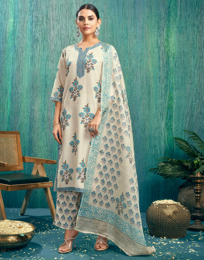 Beige Rayon Printed Straight Kurta Set With Dupatta