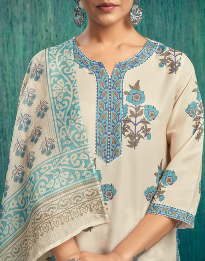 Beige Rayon Printed Straight Kurta Set With Dupatta