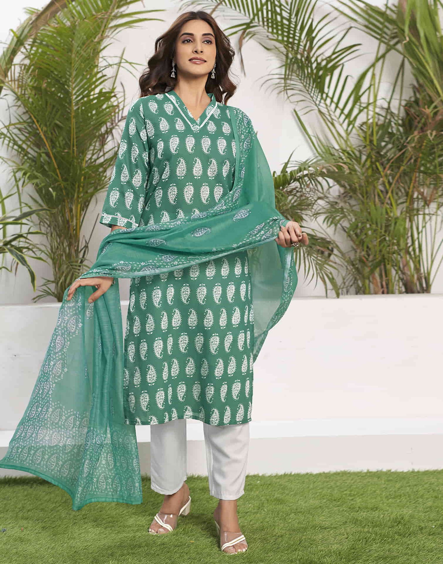 Teal Green Printed Cotton Straight Kurta With Pant And Dupatta