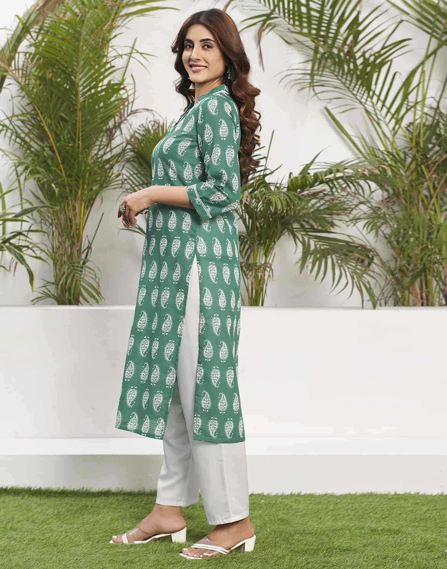 Teal Green Printed Cotton Straight Kurta With Pant And Dupatta