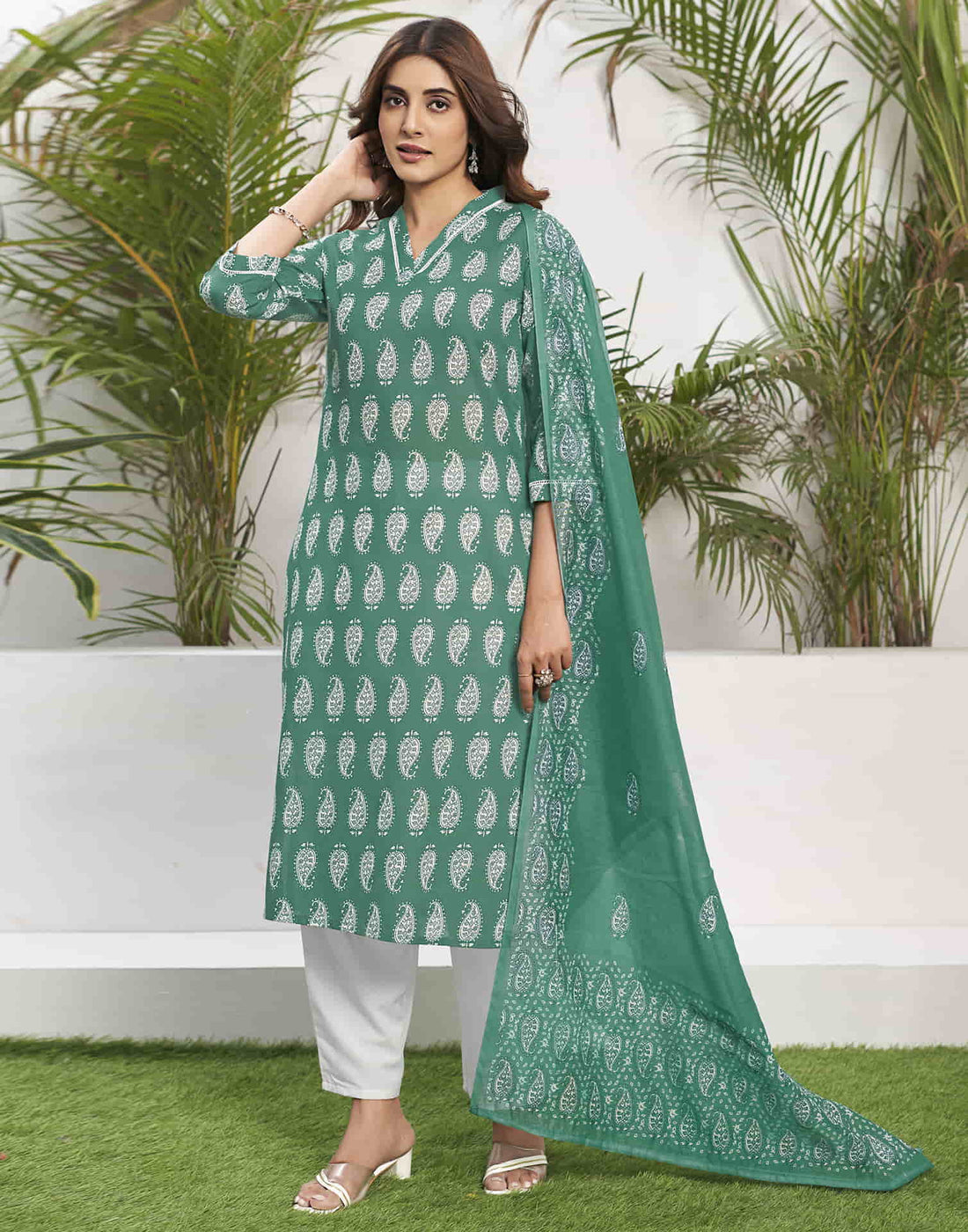 Teal Green Printed Cotton Straight Kurta With Pant And Dupatta