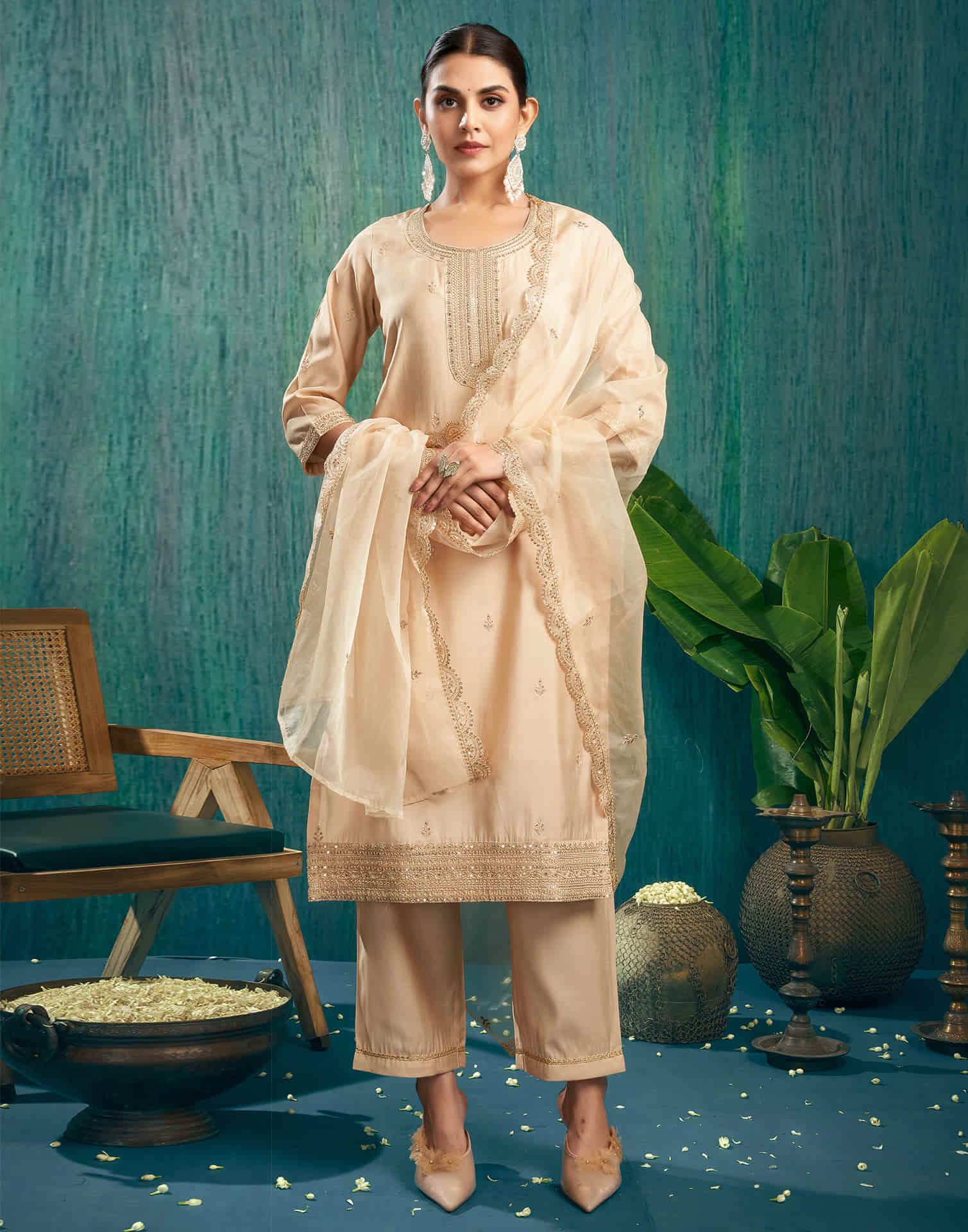 Beige Cotton Sequence Straight Kurta Set with Dupatta