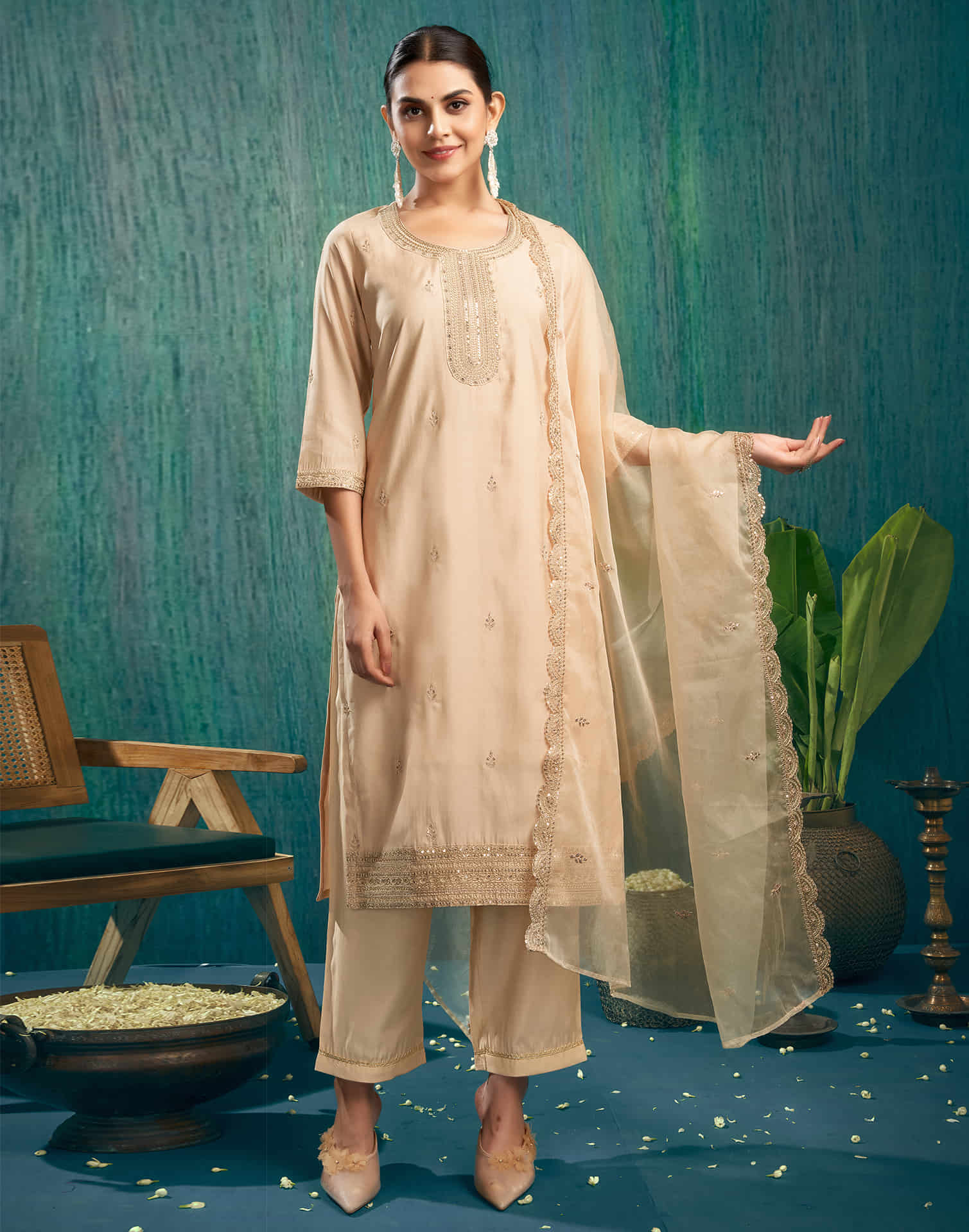 Beige Cotton Sequence Straight Kurta Set with Dupatta