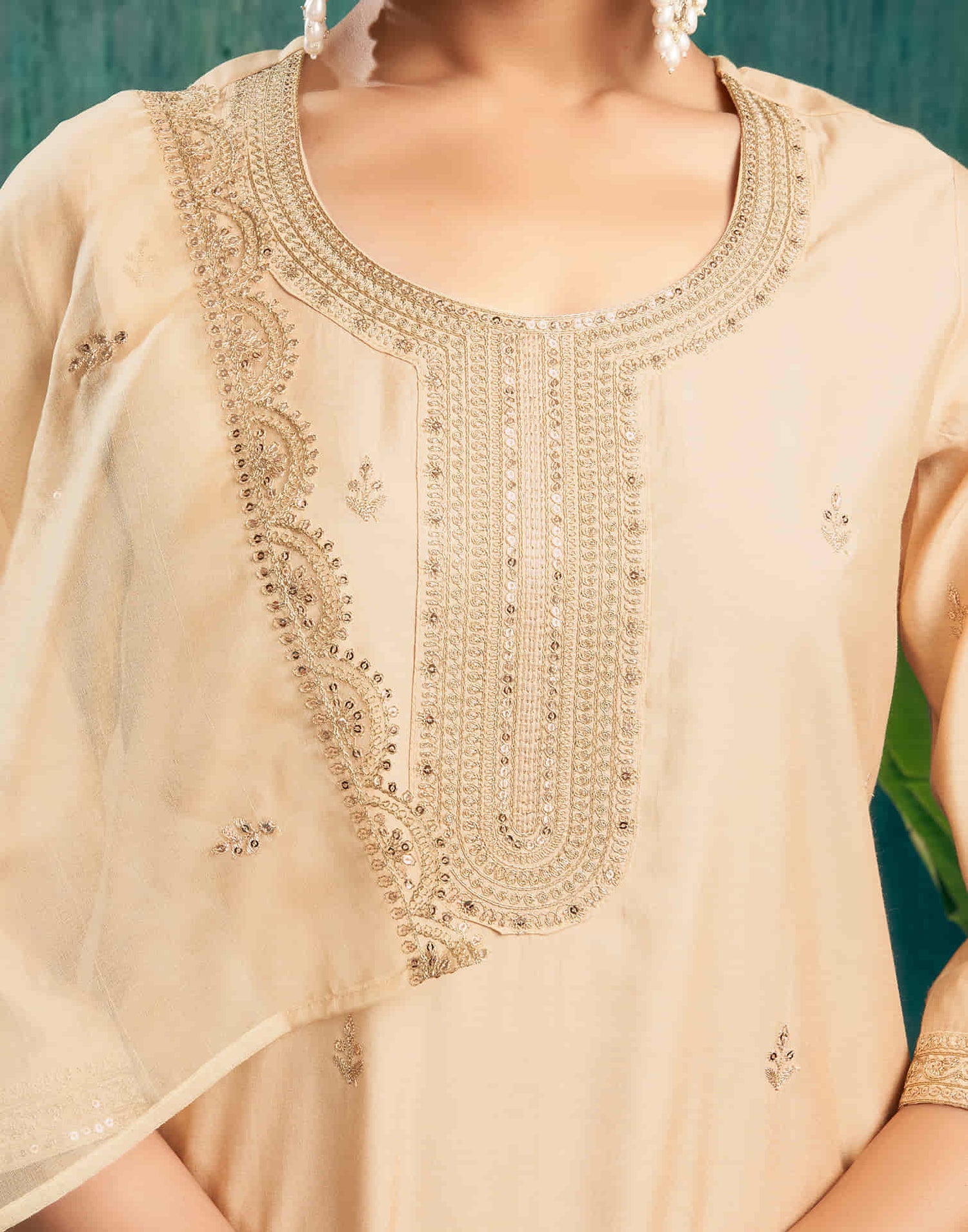 Beige Cotton Sequence Straight Kurta Set with Dupatta