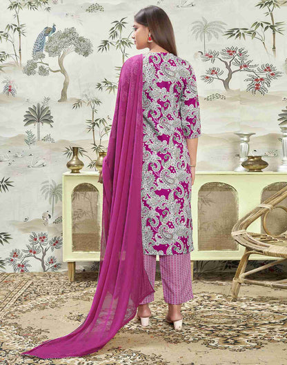 Magenta Printed Rayon Straight Kurta Set With Dupatta