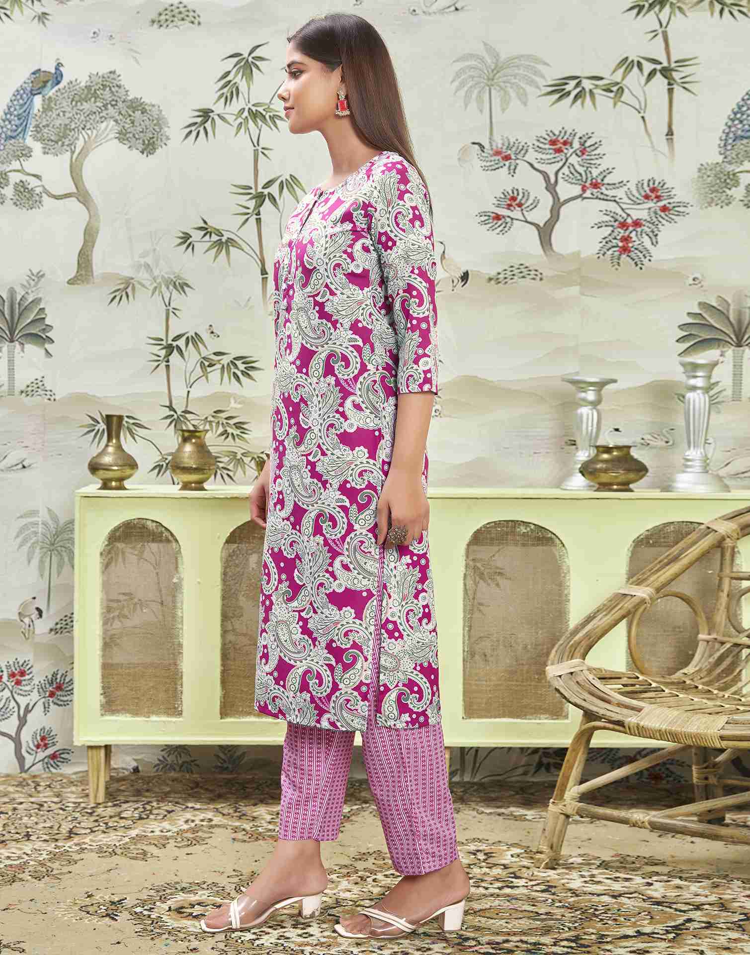 Magenta Printed Rayon Straight Kurta Set With Dupatta