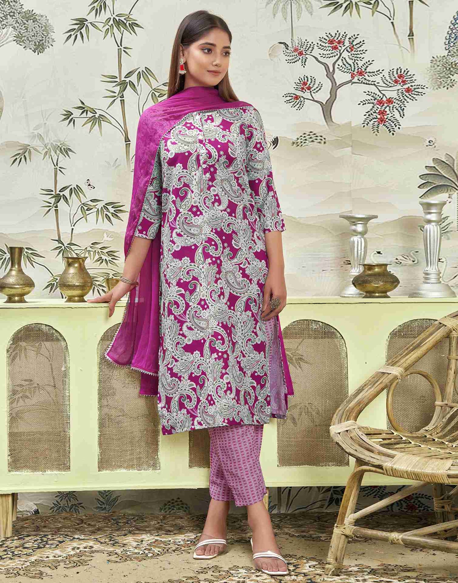 Magenta Printed Rayon Straight Kurta Set With Dupatta