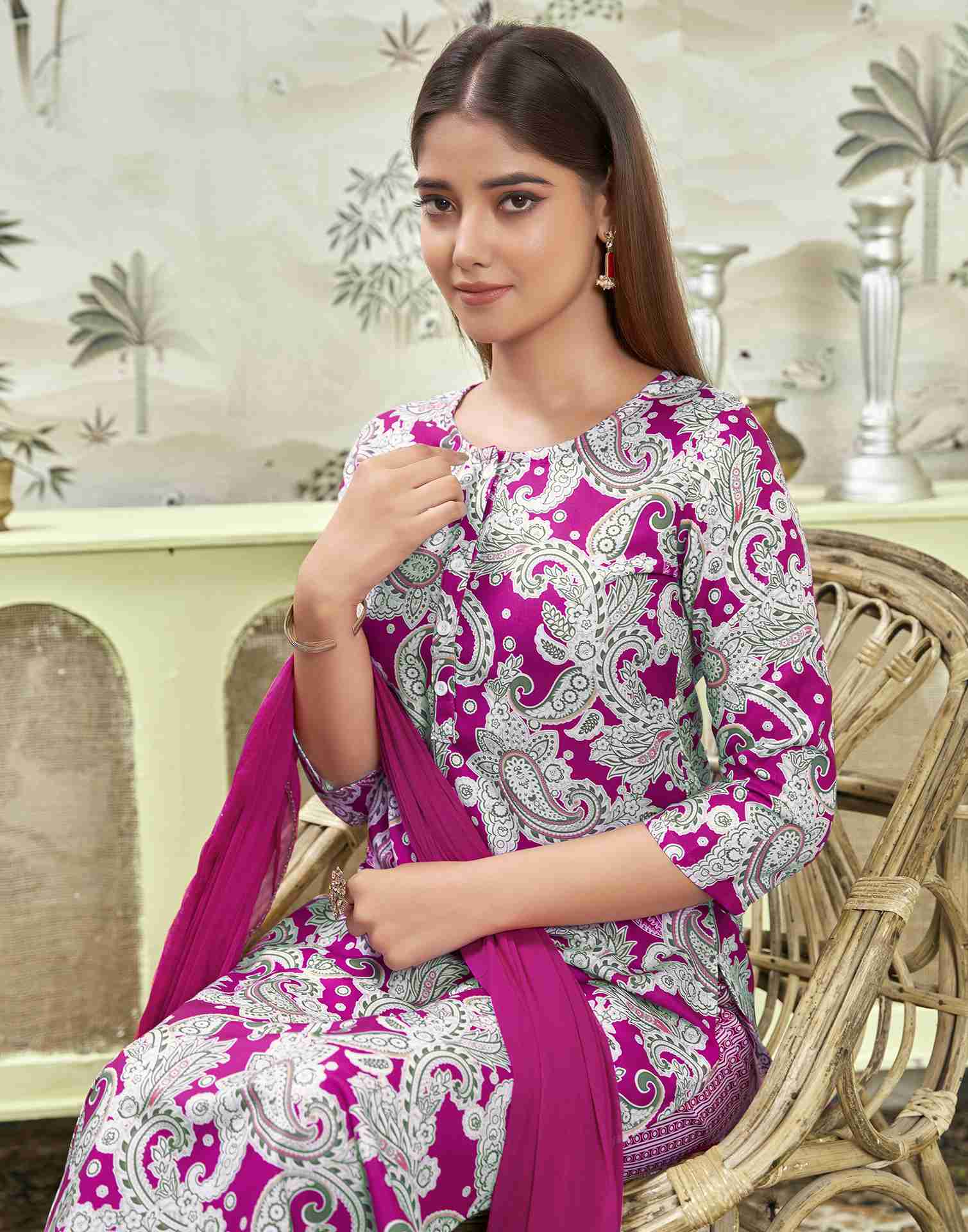 Magenta Printed Rayon Straight Kurta Set With Dupatta