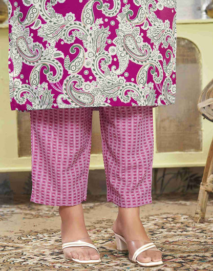 Magenta Printed Rayon Straight Kurta Set With Dupatta