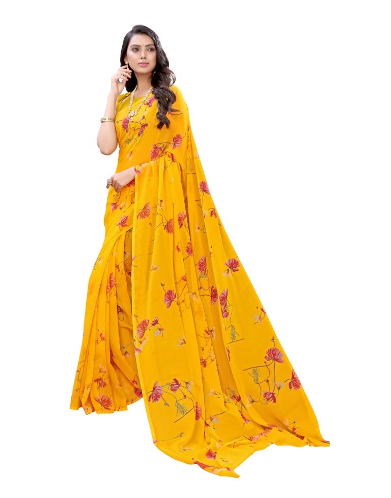 Yellow Coloured Georgette Printed Casual saree | Sudathi