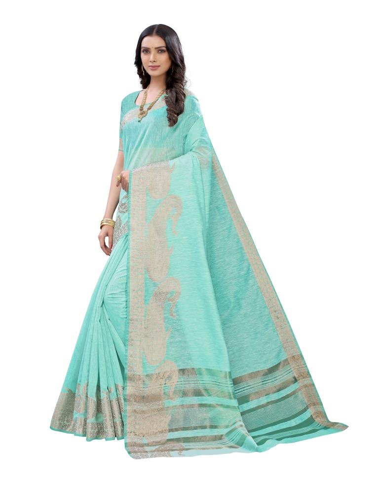 Turquoise Cotton Slub Plain Saree | Sudathi