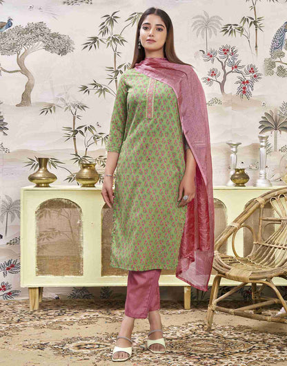 Green Embroidery Cotton Straight Kurta Set With Dupatta