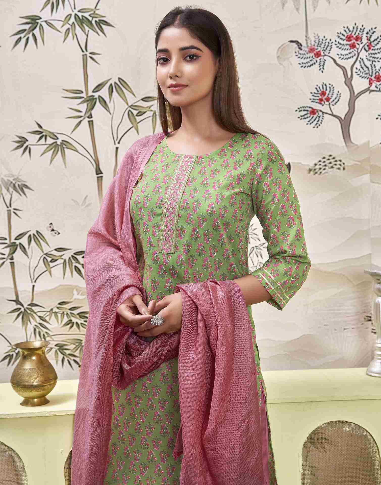 Green Embroidery Cotton Straight Kurta Set With Dupatta