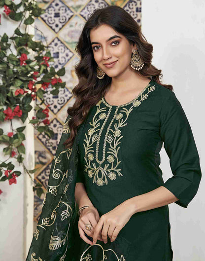 Bottle Green Plain Chinnon Straight Kurta Set With Dupatta