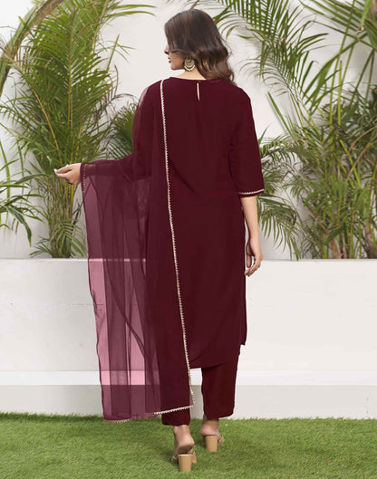 Maroon Embroidery Chinnon Straight Kurta With Pant And Dupatta