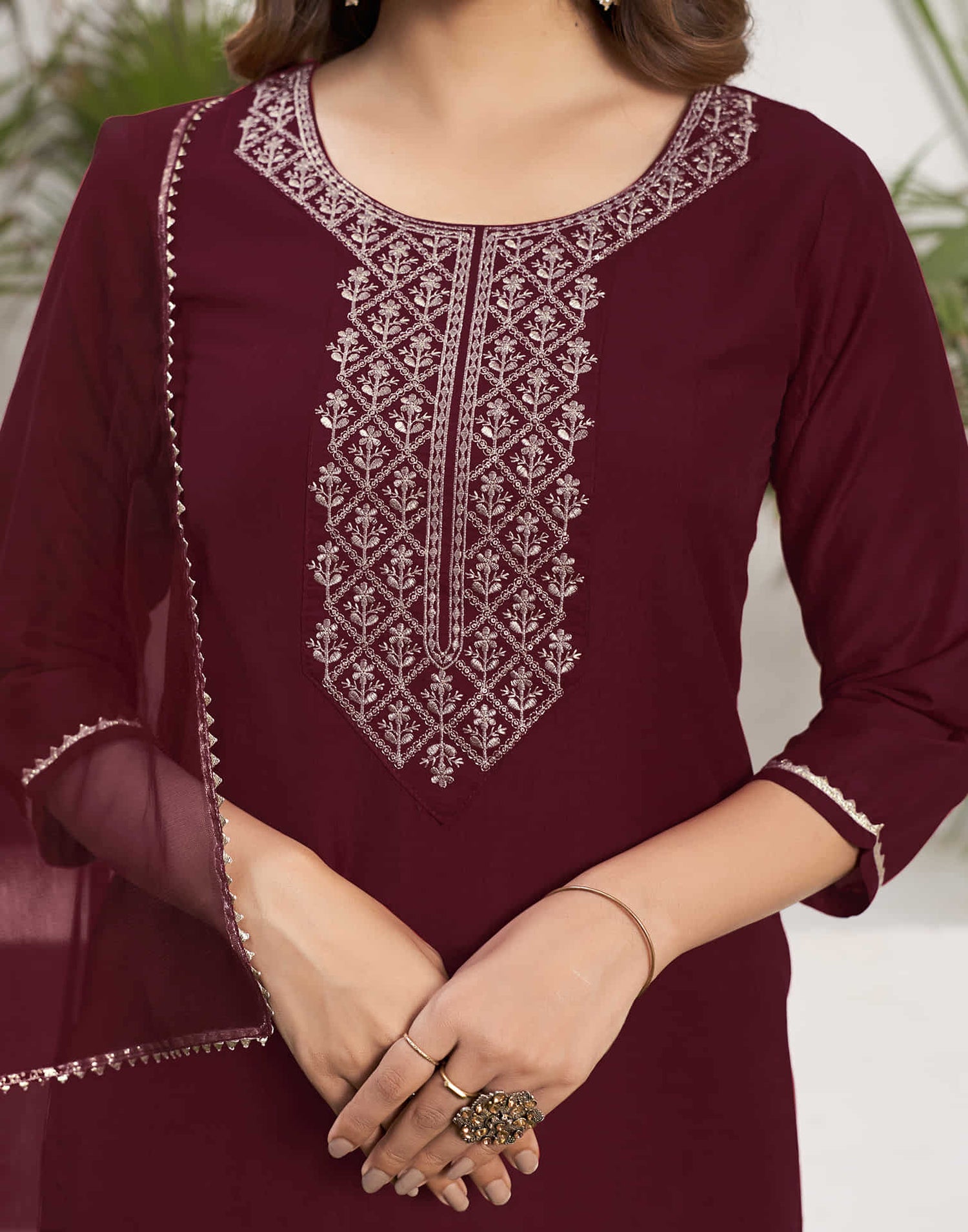 Maroon Embroidery Chinnon Straight Kurta With Pant And Dupatta