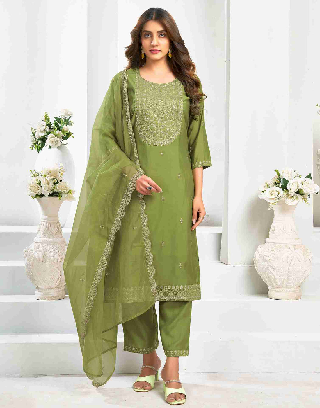 Green Chanderi Embroidery Straight Kurta Set With Dupatta