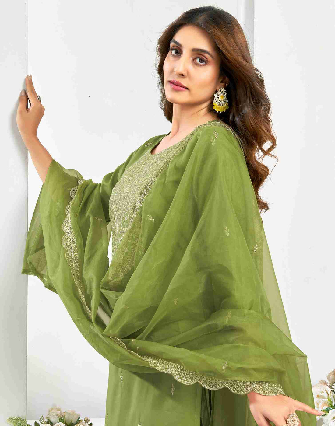 Green Chanderi Embroidery Straight Kurta Set With Dupatta