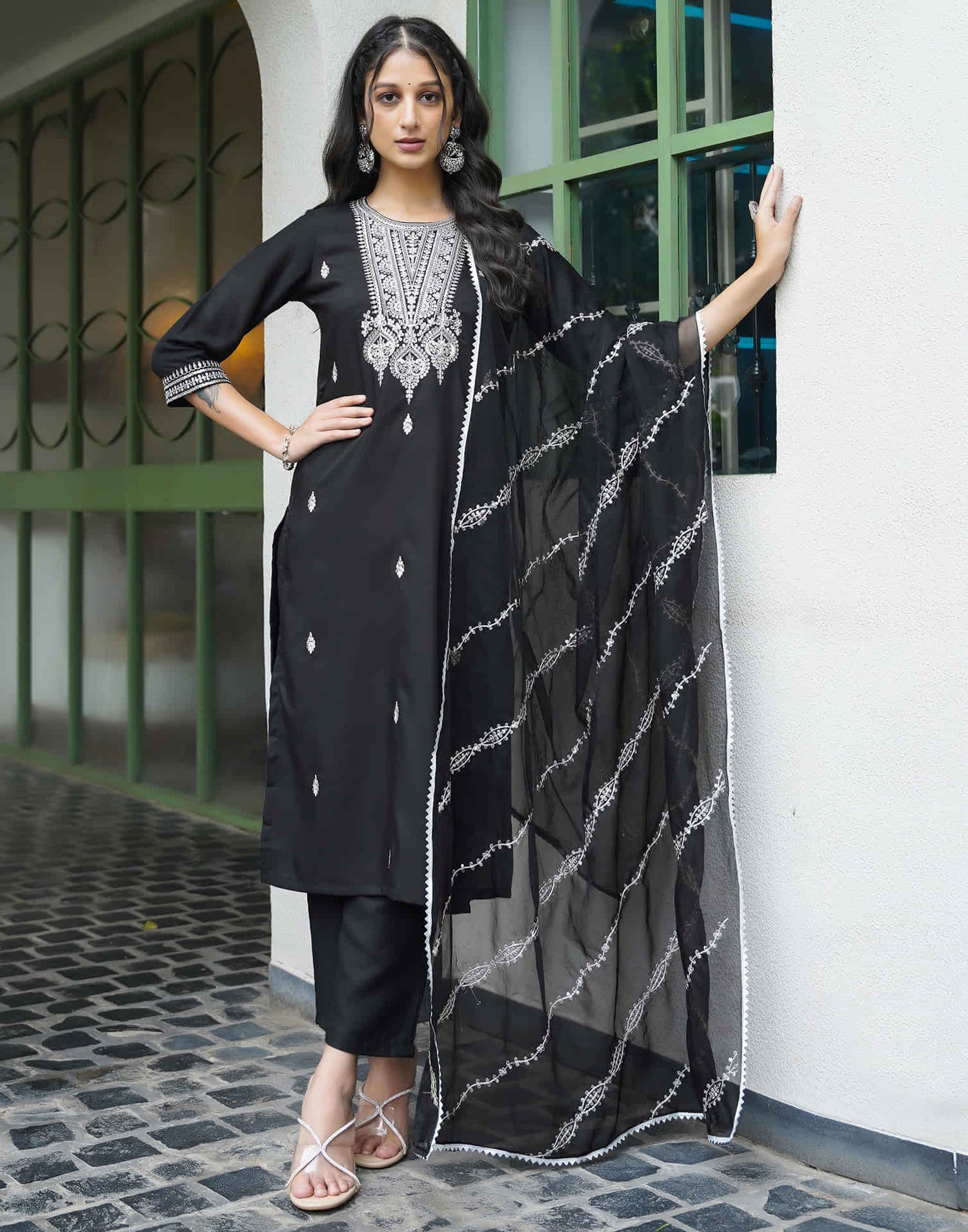 Black Rayon Sequence Straight Kurta Set With Dupatta