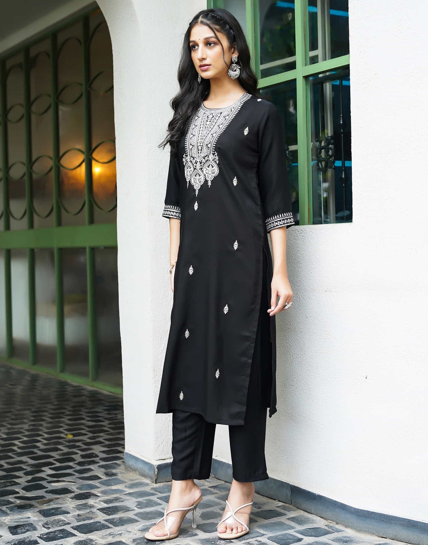 Black Rayon Sequence Straight Kurta Set With Dupatta