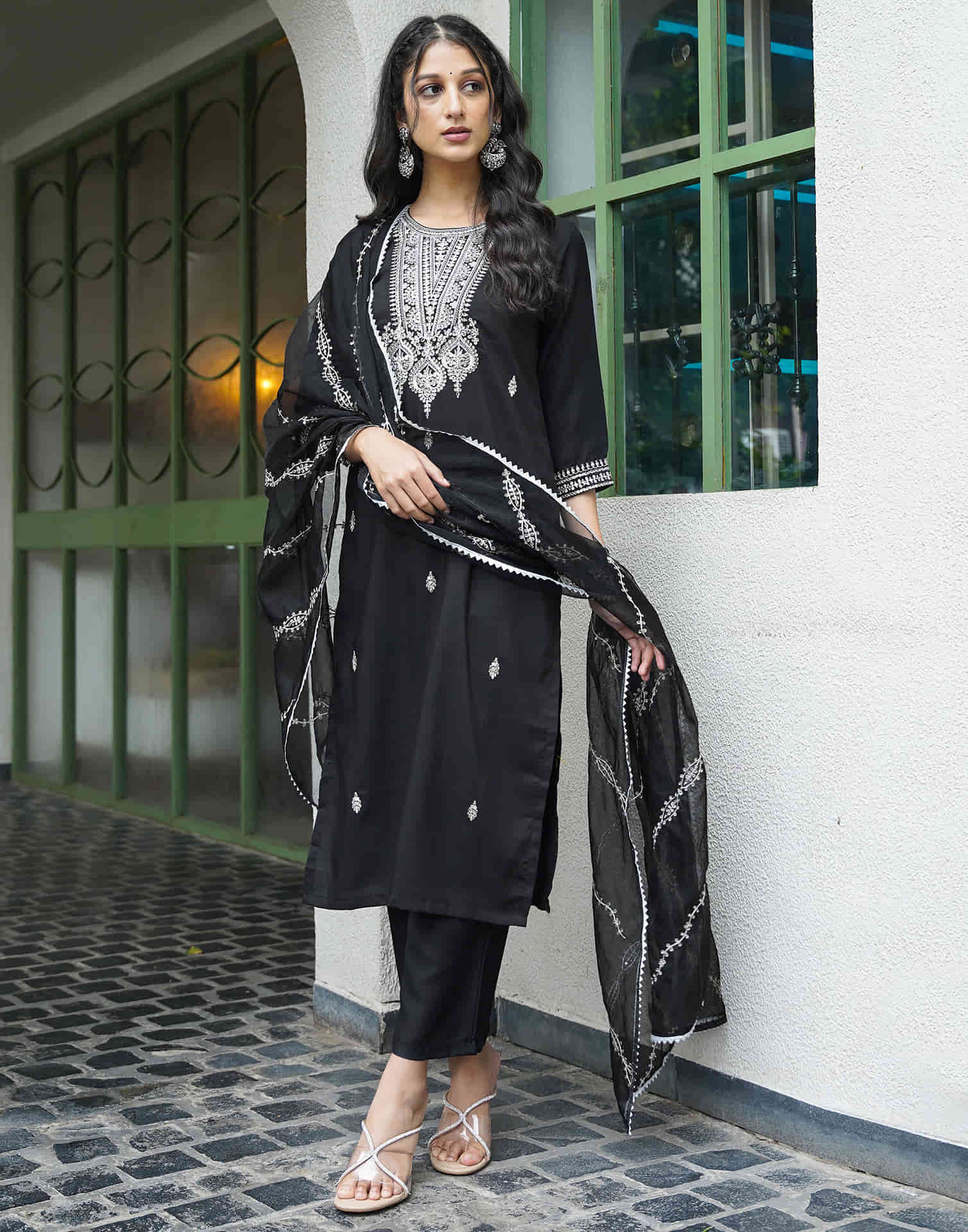 Black Rayon Sequence Straight Kurta Set With Dupatta