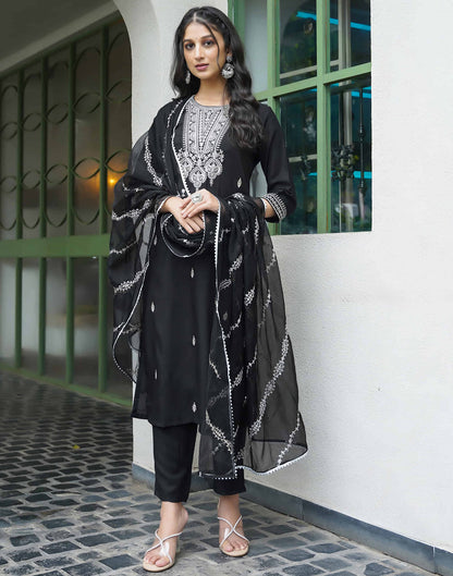 Black Rayon Sequence Straight Kurta Set With Dupatta