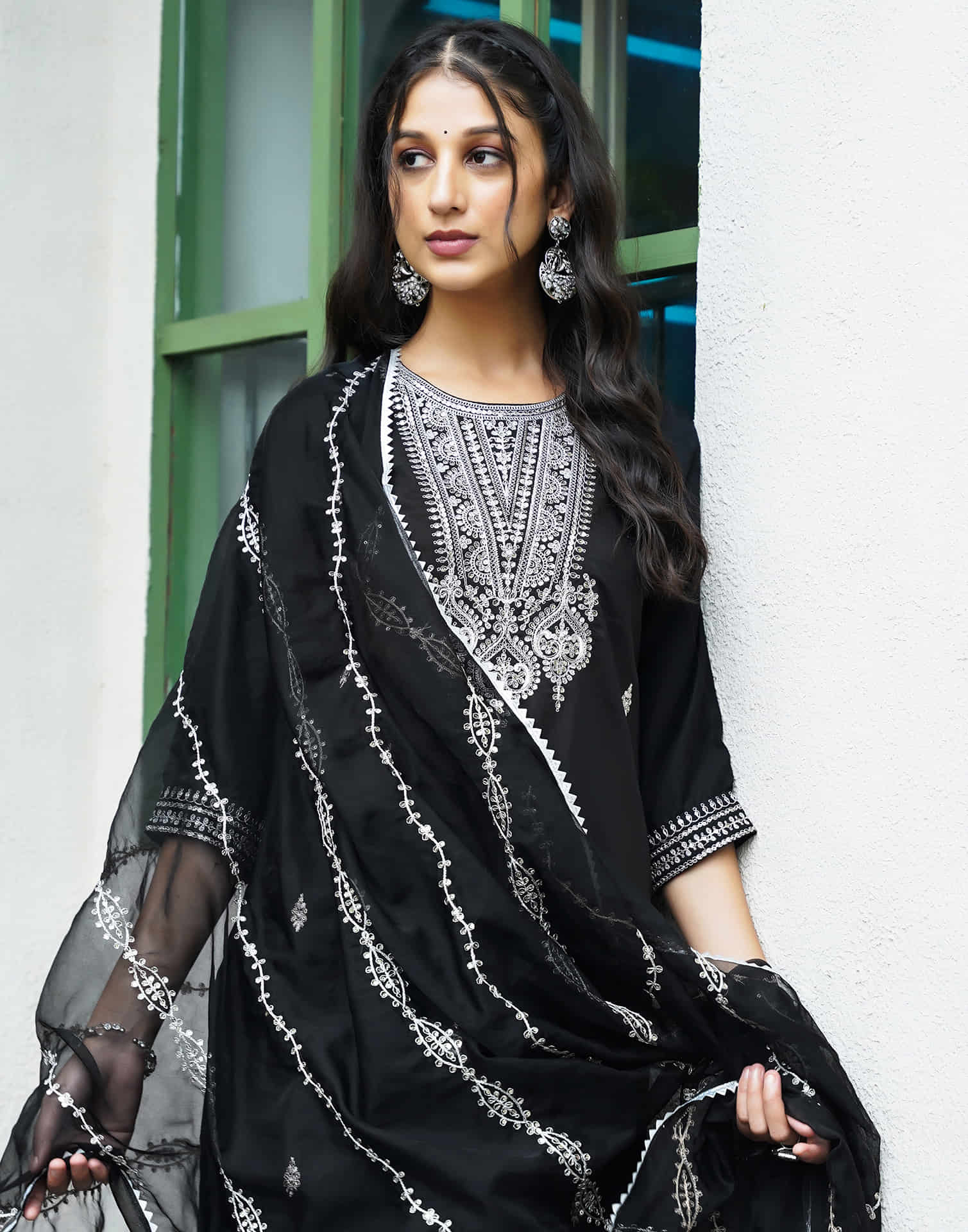 Black Rayon Sequence Straight Kurta Set With Dupatta