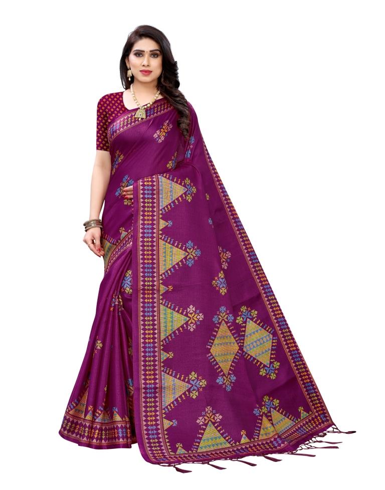 Purple Wine Coloured Khadi Silk Printed Partywear saree | Sudathi