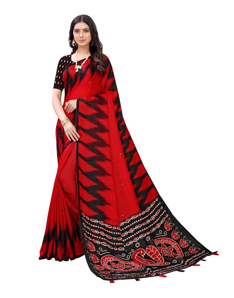 Red Coloured Poly Jute Printed Embellished Partywear saree | Sudathi