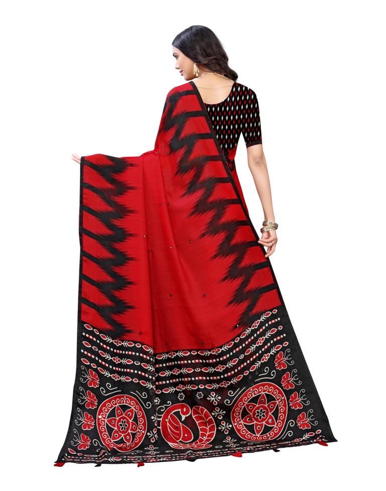 Red Coloured Poly Jute Printed Embellished Partywear saree | Sudathi