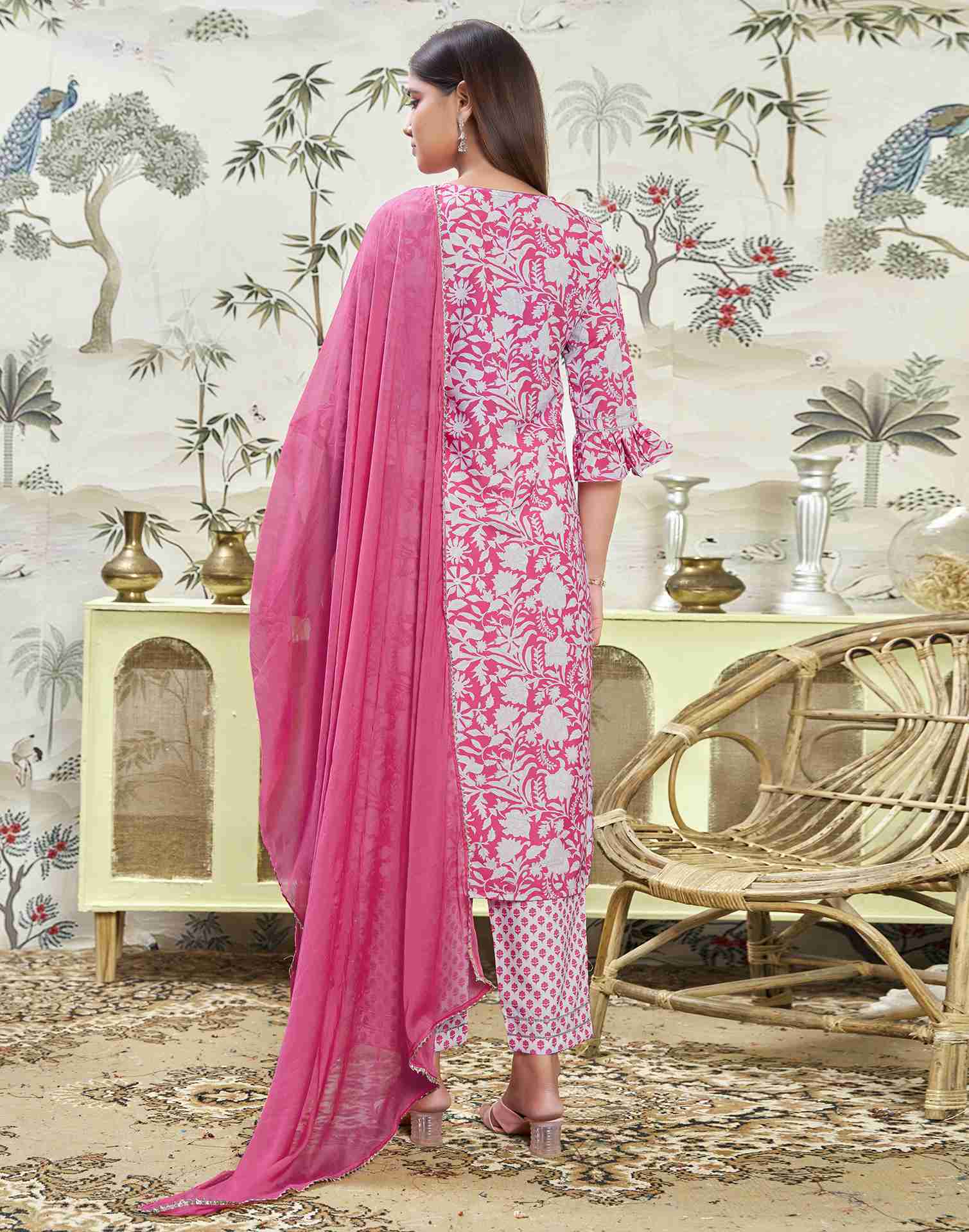 Pink Printed Rayon Straight Kurta Set With Dupatta