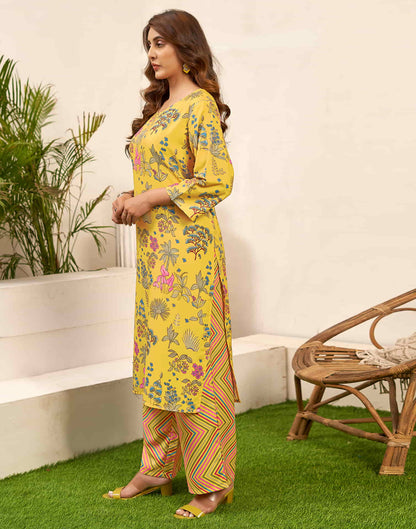 Yellow Printed Rayon Straight Kurta With Pant And Dupatta