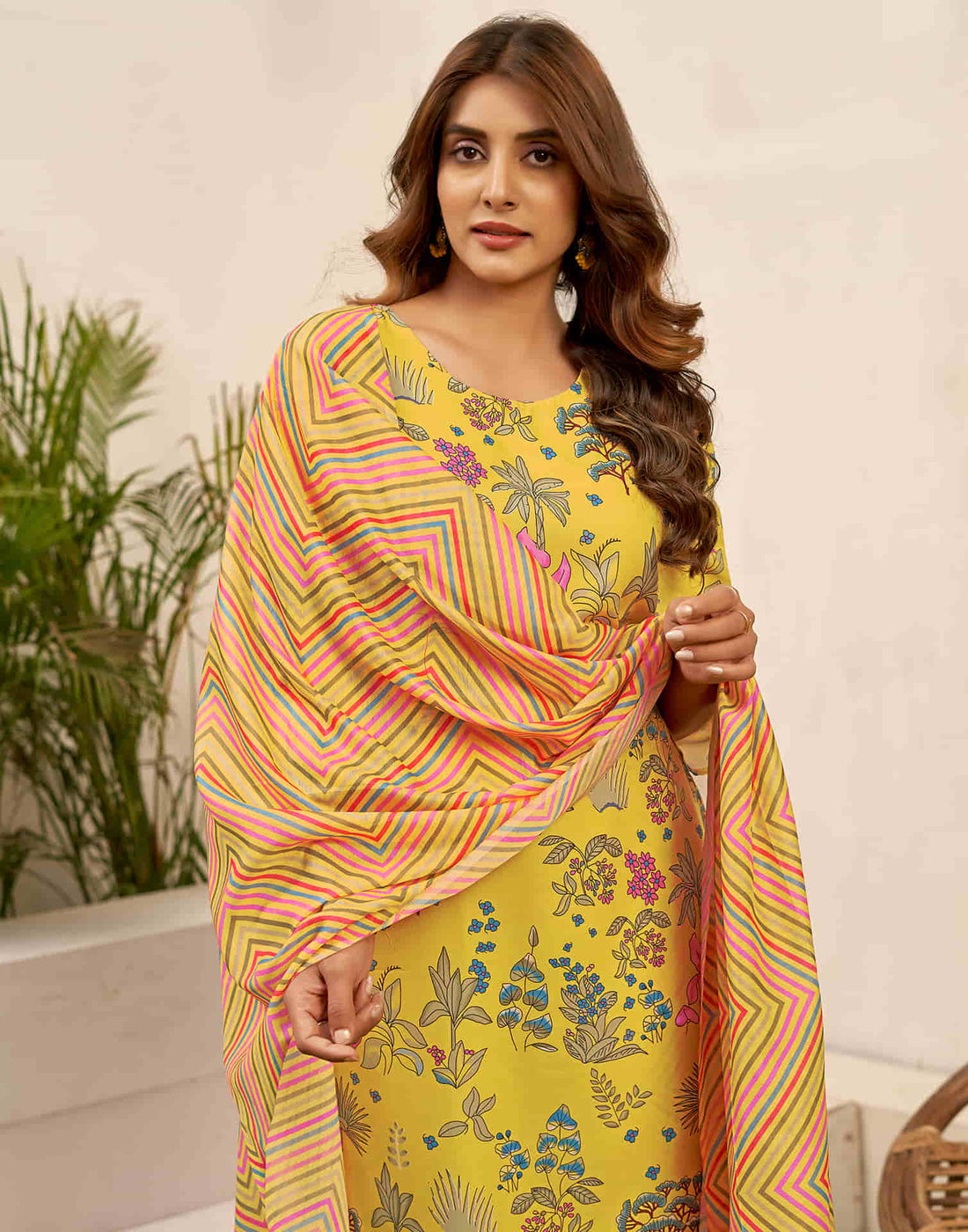 Yellow Printed Rayon Straight Kurta With Pant And Dupatta