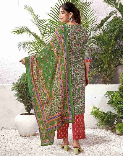 Green Rayon Geometric Straight Kurta Set With Dupatta