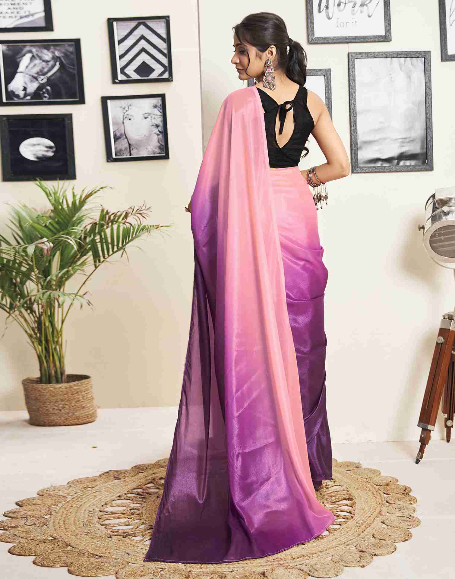 Ready To Wear Wine Georgette Plain Saree