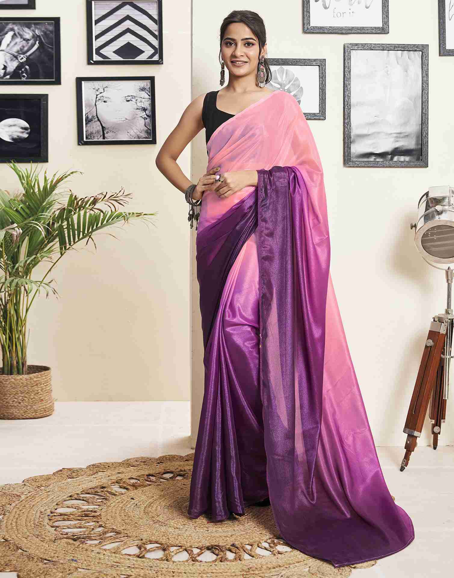 Ready To Wear Wine Georgette Plain Saree