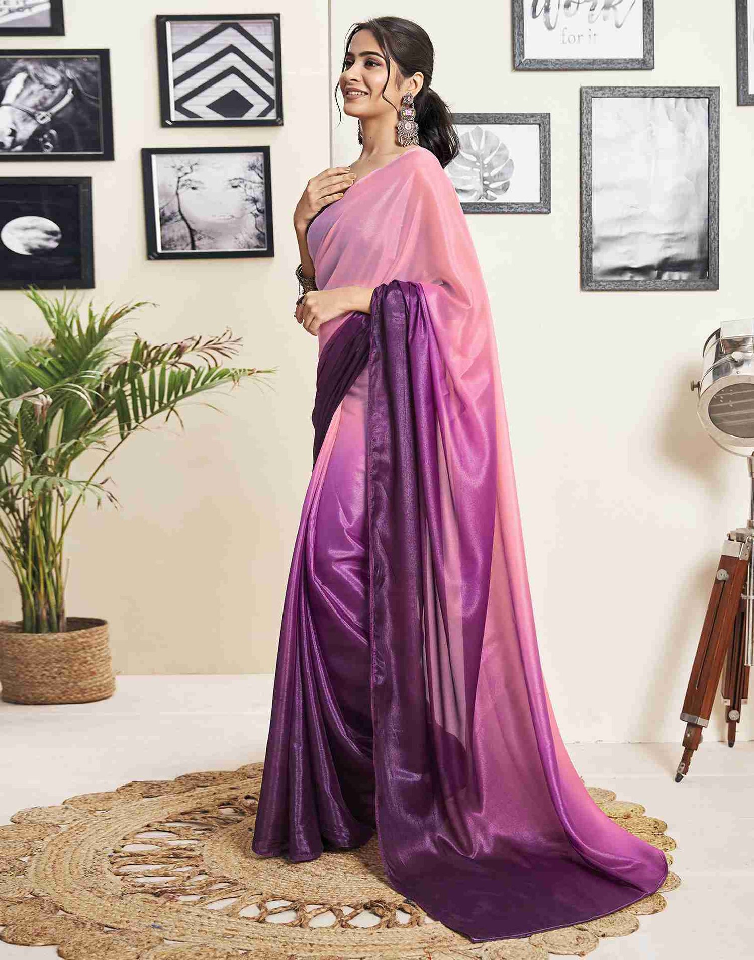 Ready To Wear Wine Georgette Plain Saree