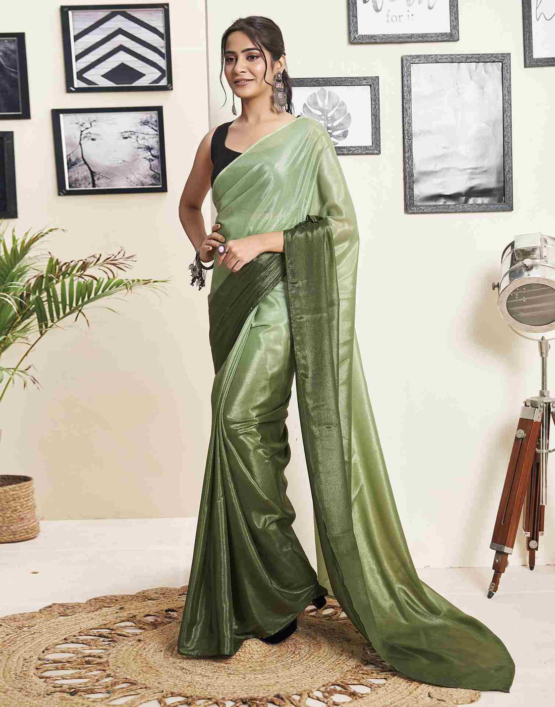 Ready To Wear Olive Green Georgette Plain Saree